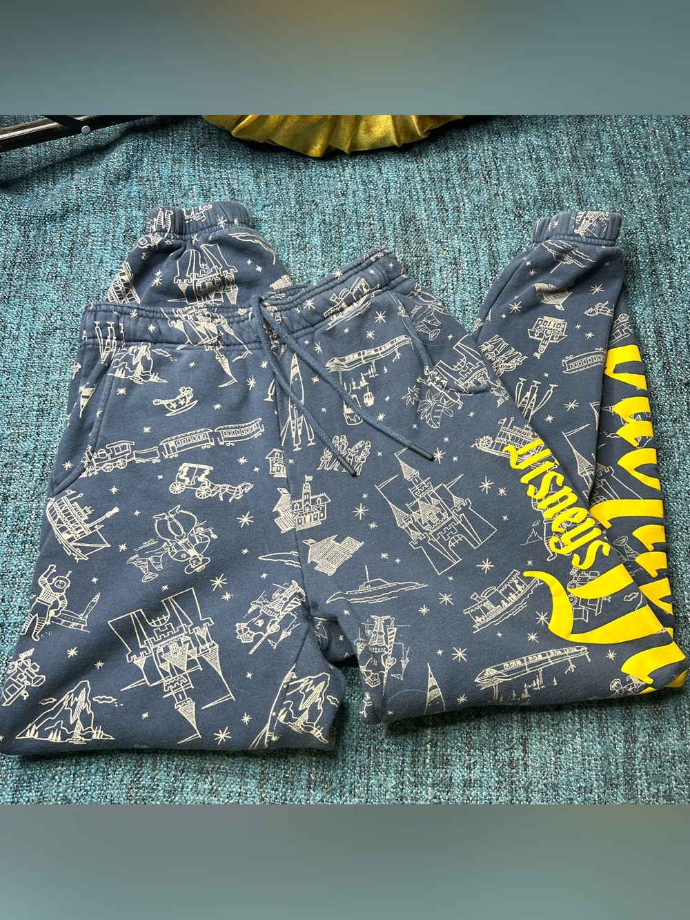 Disney 100 Disneyland All Over Print Jogger Sweatpants Blue Yellow Women's XS